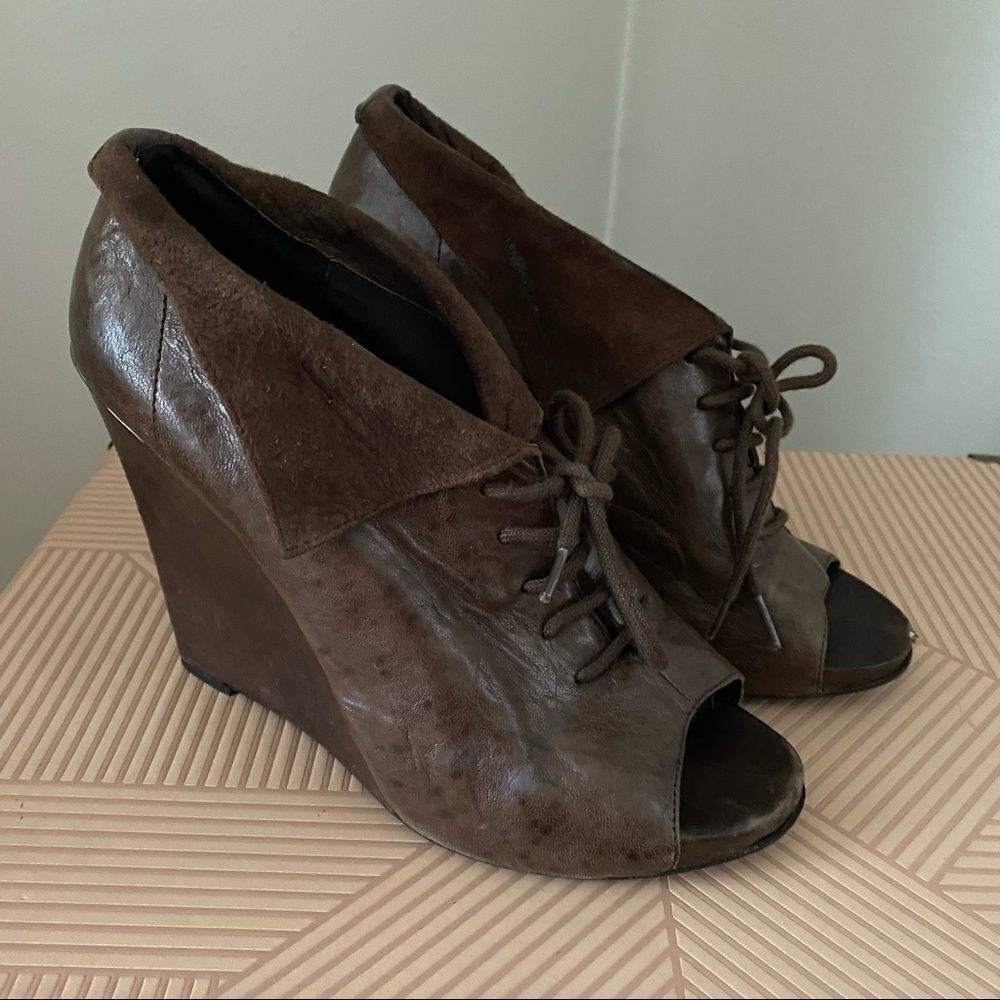 Sam Edelman Booties Wakefield wedge Lace Up Brown Peep Toe Casual Neutral Classy